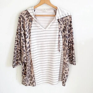 Hopely boutique stripped cheetah print Colorblock hooded batwing top